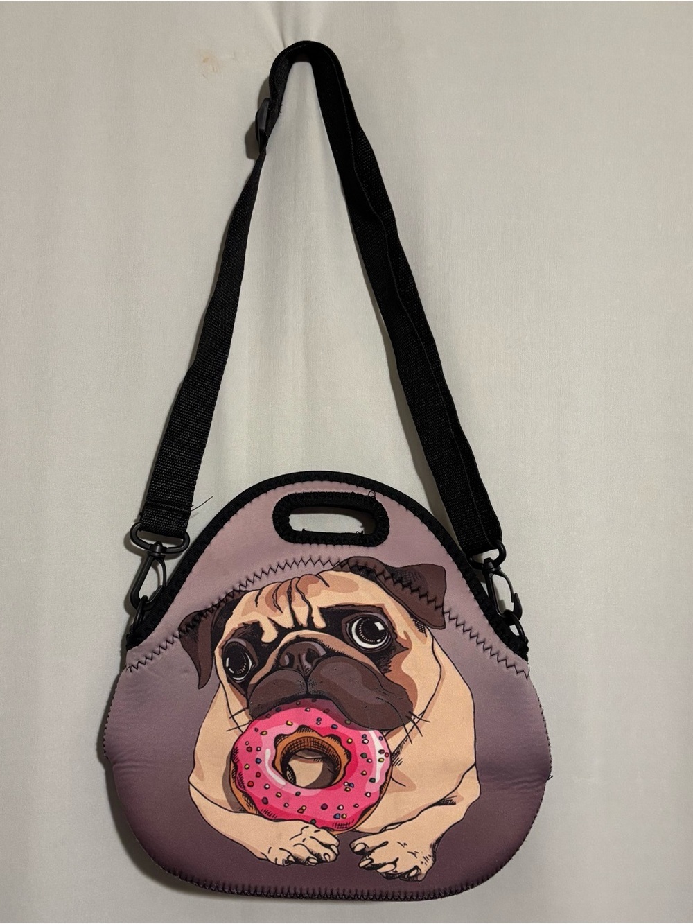 Pug Donut Neoprene Crossbody Lunch Bag - Pink/Purple
